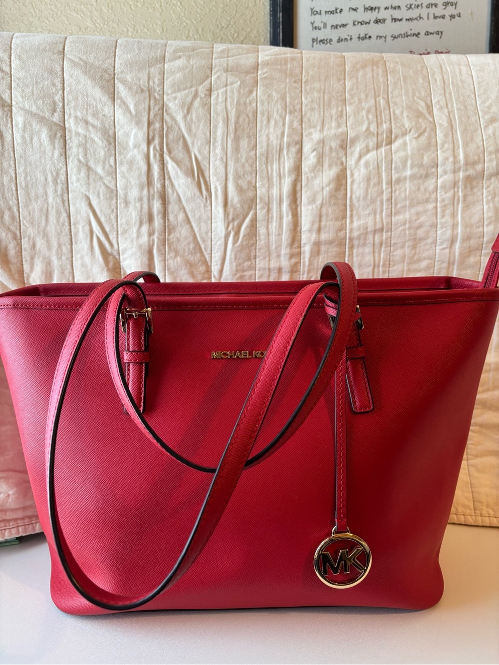 Michael Kors Red Saffiano Leather Tote with Gold Logo Charm